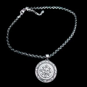 Cookie Lee Rhinestone Medallion Silver Tone Black Cord Chain Necklace